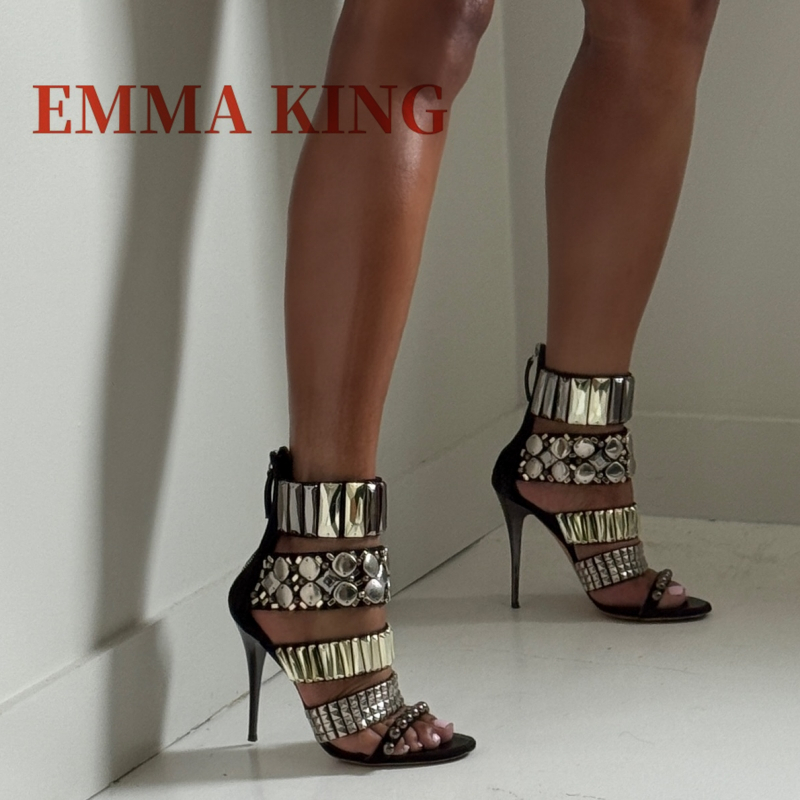 Platform Mule Heel - Black Embellished Ankle Strap Sandals Summer
