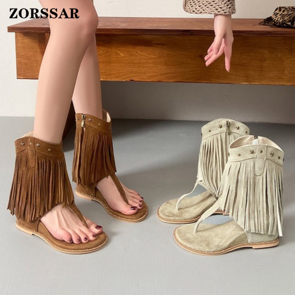 Women Shoes Boots - Women's Fringe Decor Studded Thong Toe