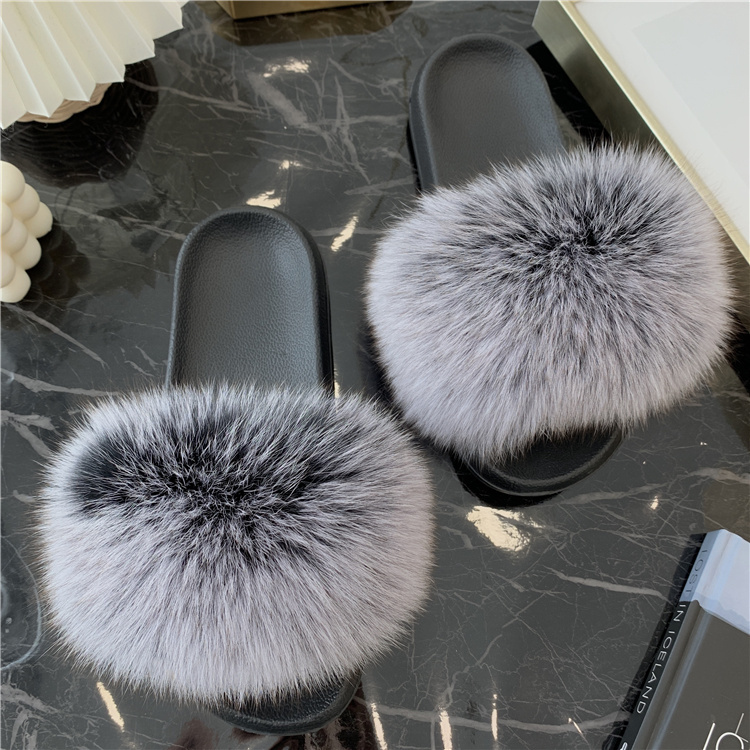 Real Fur Slides Summer Fox Fur - Women'S Shoes Navy Blue recension och pris