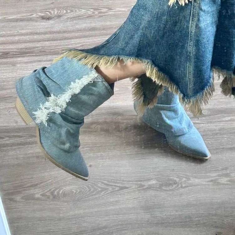 Pleated Denim Ankle Boots Wome - Women'S Shoes Navy Blue recension och pris