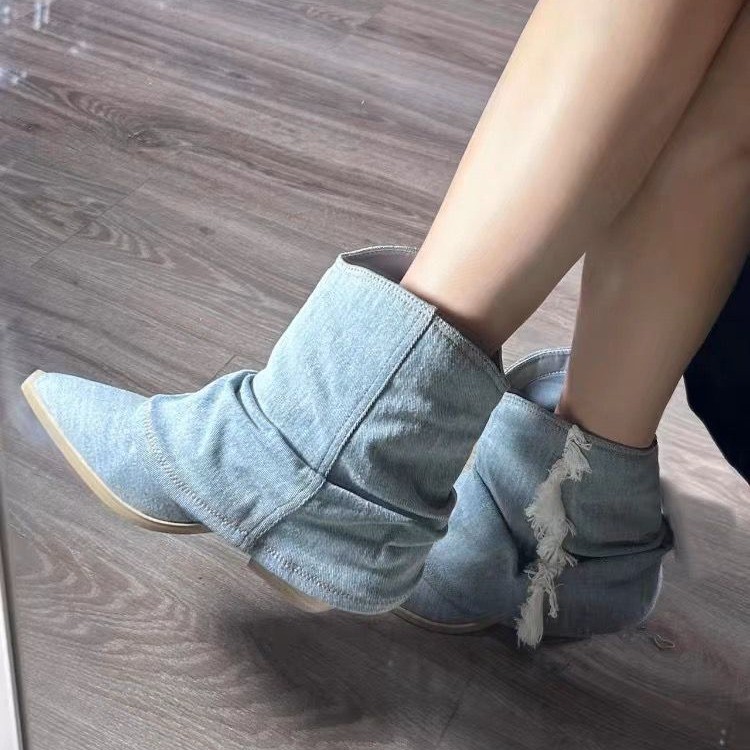 Pleated Denim Ankle Boots Wome - Women'S Shoes Navy Blue recension och pris